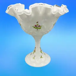FENTON Violets in the Snow Spanish Pressed Milk Glass Compote Signed Vtg 6 3/4"