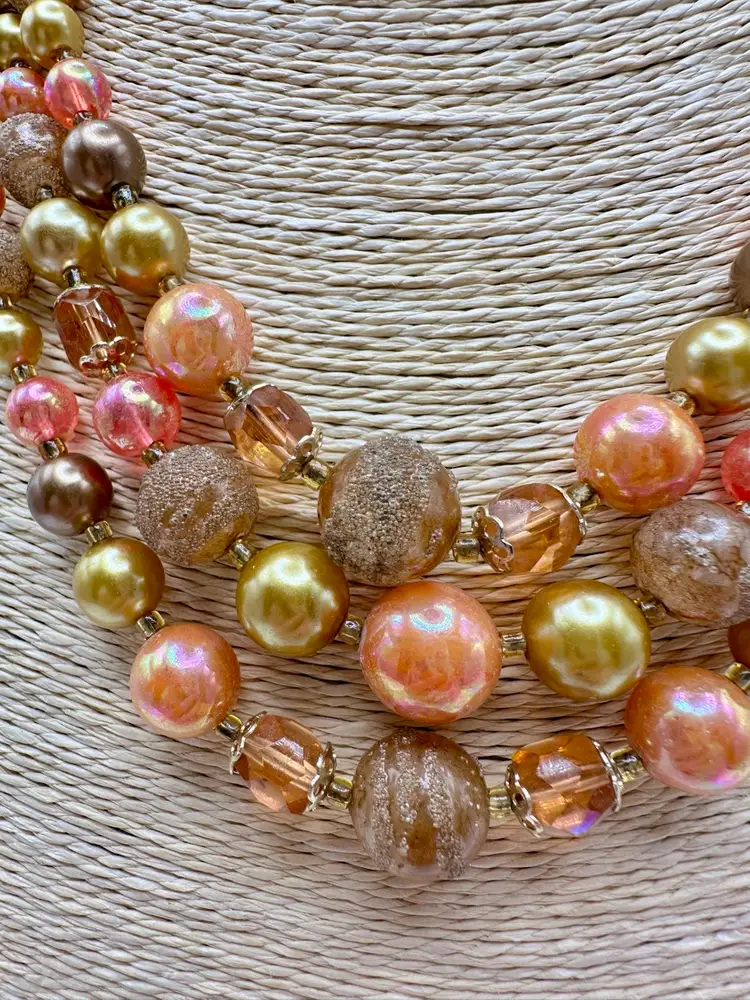 Vintage Japan Peach & Gold 3 Strand Necklace