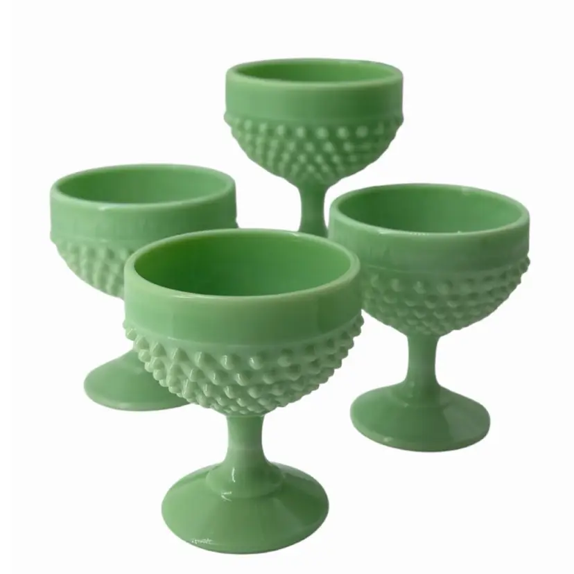 Set of 4 L.E. SMITH Pedestal Dessert Cups Hobnail Jadeite Green Milk Glass  READ
4.5” T x 3.5” W