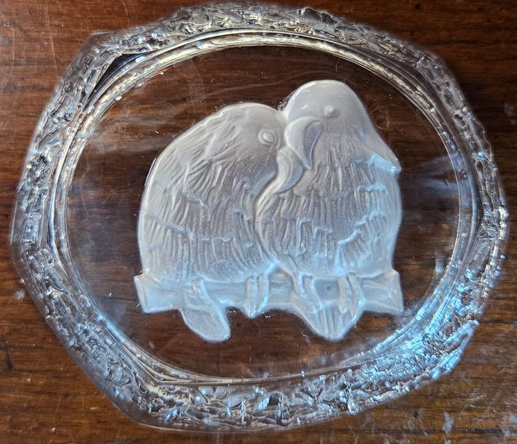 Cristal d'Arques Clear Crystal Trinket Dish Frosted Etched Exotic Birds Parrots