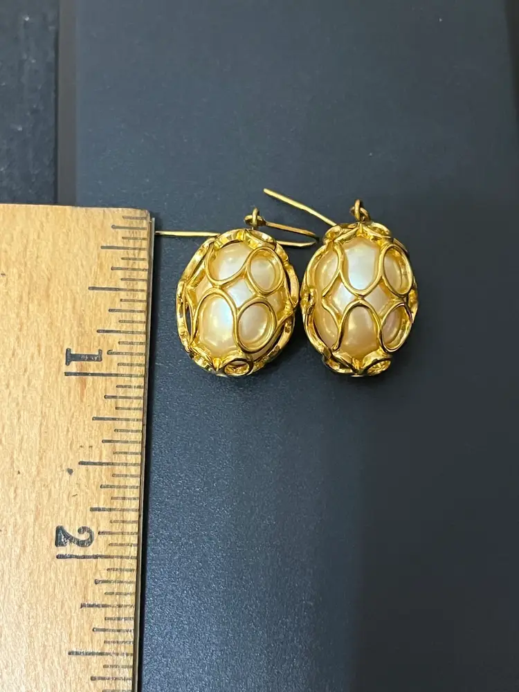 68) Vintage Goldtone Caged Faux Pearl Earrings