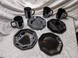 8 pc Vintage Arcoroc France Octime Black Glass 4 Mugs 4 Plates Halloween Gothic Castlecore Barware Gift Dark Academia Witchy