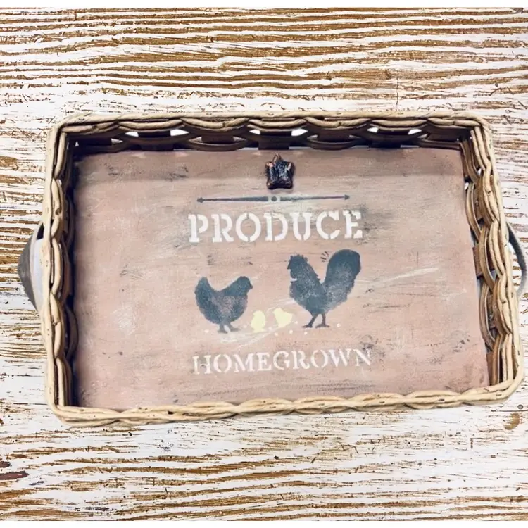 Farmhouse Hand Painted Rooster Hen Chicks Wood & Woven Tray Rustic Decor Primitive Distressed Hand Painted Folk-art  Made By Me Drnksuzy OOAK Original