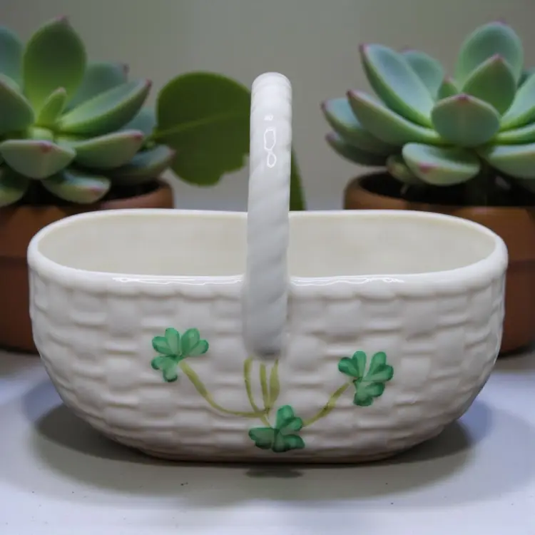 Belleek Ireland Shamrock Basket 6th Mark (1946–1955) Hand-Painted Porcelain Vintage Irish 4”x2”x3 1/4”
