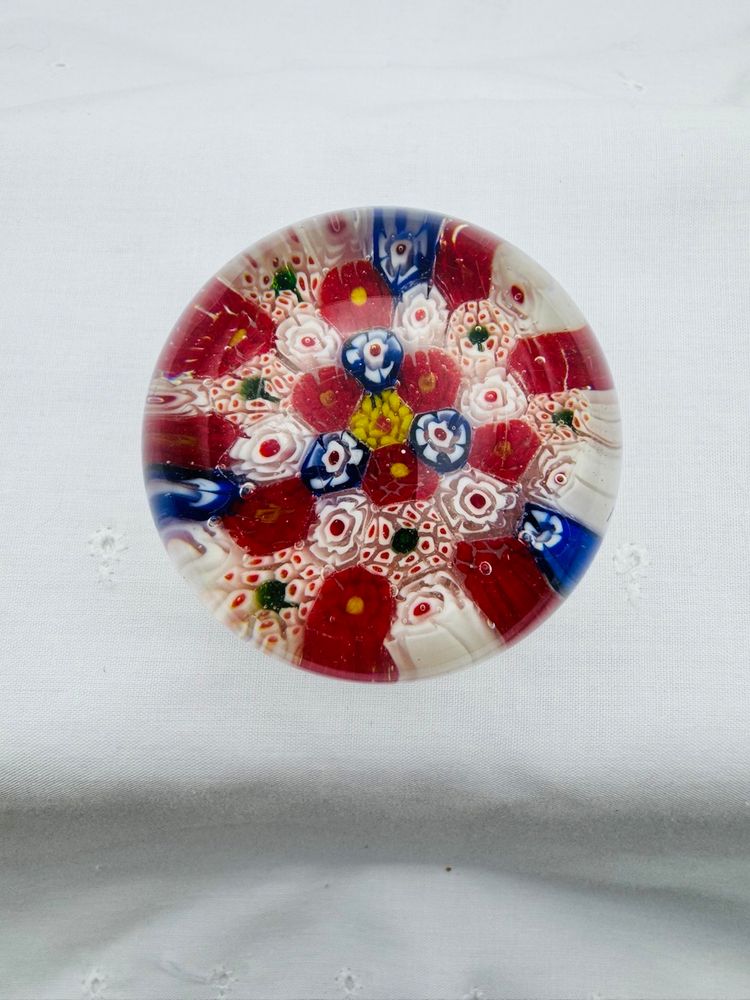 Millefiori Red, White, Blue Art Glass Paperweight