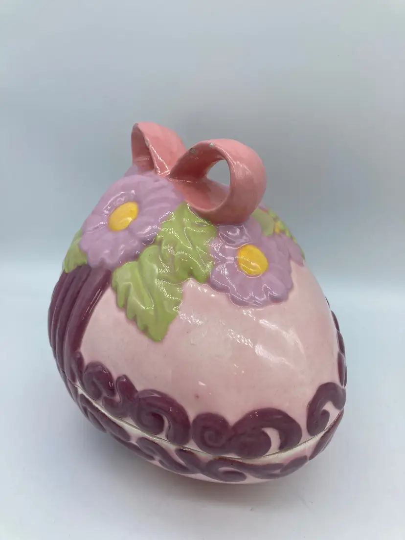Vintage Hand Painted Ceramic Easter Egg, Pink, Purple, 1980s Ceramic Class, 2 Part Egg, Jelly Bean Dish, Easter Candy