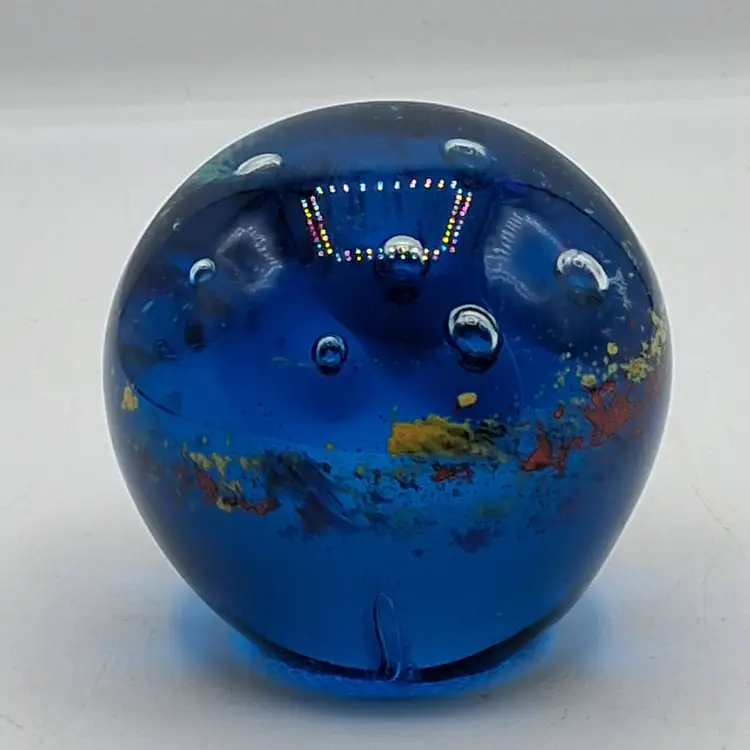 Vintage Cobalt Blue & Multi-Color Hand Blown Art Glass Paperweight