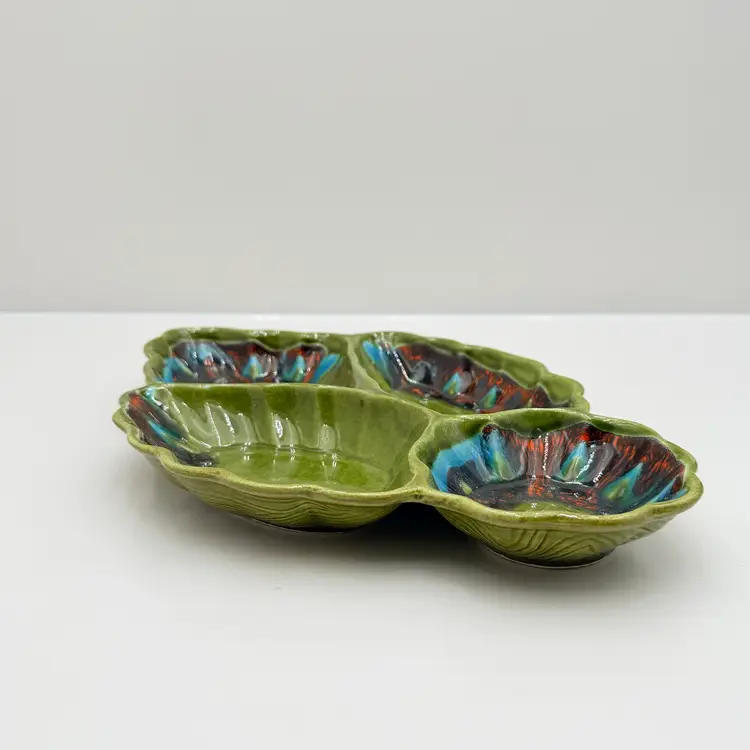 California Pottery GreenPeacock Colored Drip Glaze Mid Century Serving Dish