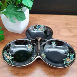 Vintage Japanese Redware Pottery Hand Painted Divided Candy Nut Trinket Dish