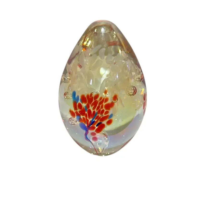 Mount St. Helen’s Ash Signed Dated 1985 “Vines” - Egg Shaped Blue & Orange Floral Spatter & Interior Controlled Bubbles & Irridescent Volcano - 3.5”