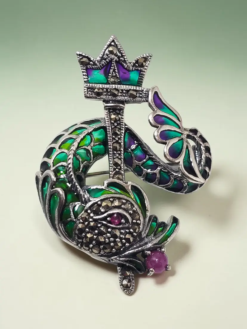 925 Brooch  Pendant Plique-à-Jour Enamel DRAGON Marcasite and Ruby Eyes