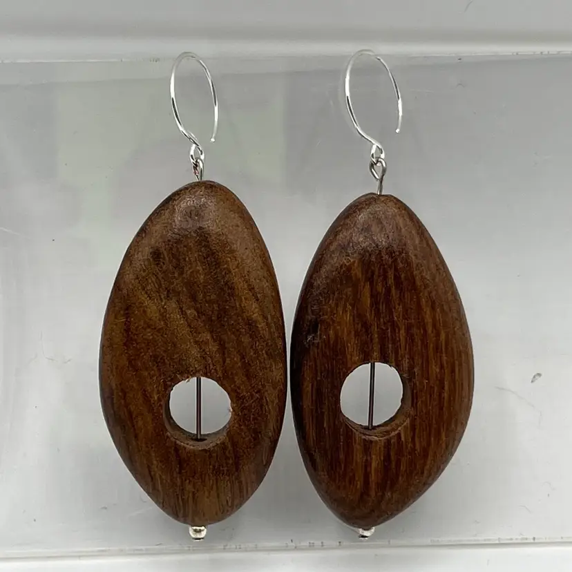 Wood And SILVER Accent Oval Earrings French Wire Hook 3” Drop