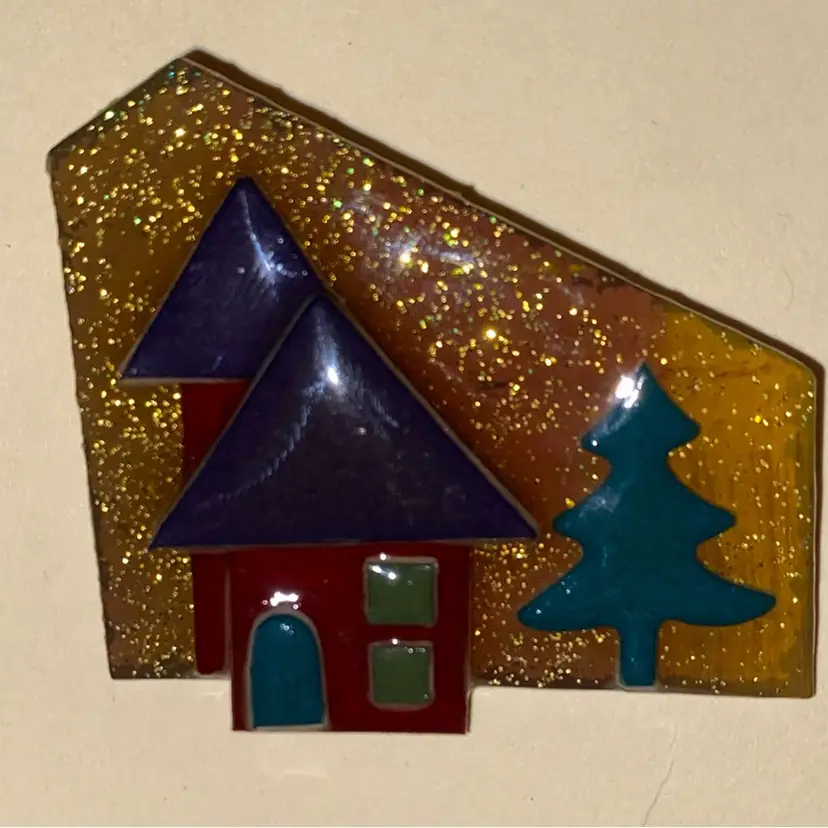 LUCINDA House Pin - Glitter Gold Background With 2 Houses And A Tree ~ All In Purple, Red & Blue-Green Colors