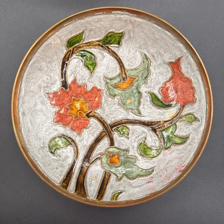 Vintage Enameled Brass Orange Green Bowl And Vase Duo, Made In India