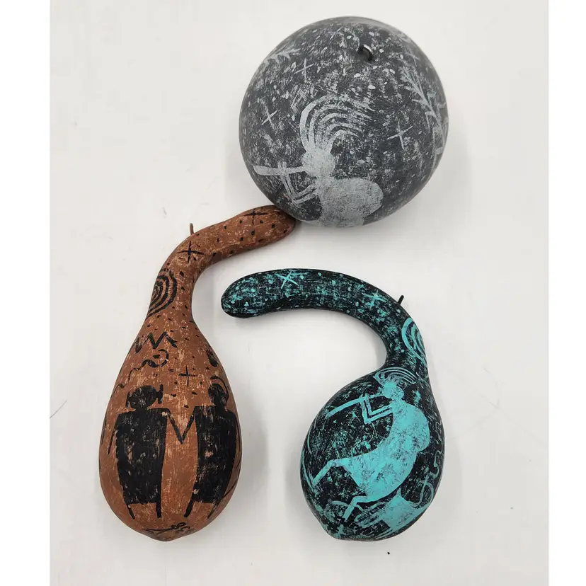 1992 Painted Kokopelli Gourd Ornaments Signed Doug Miller Set Of 3