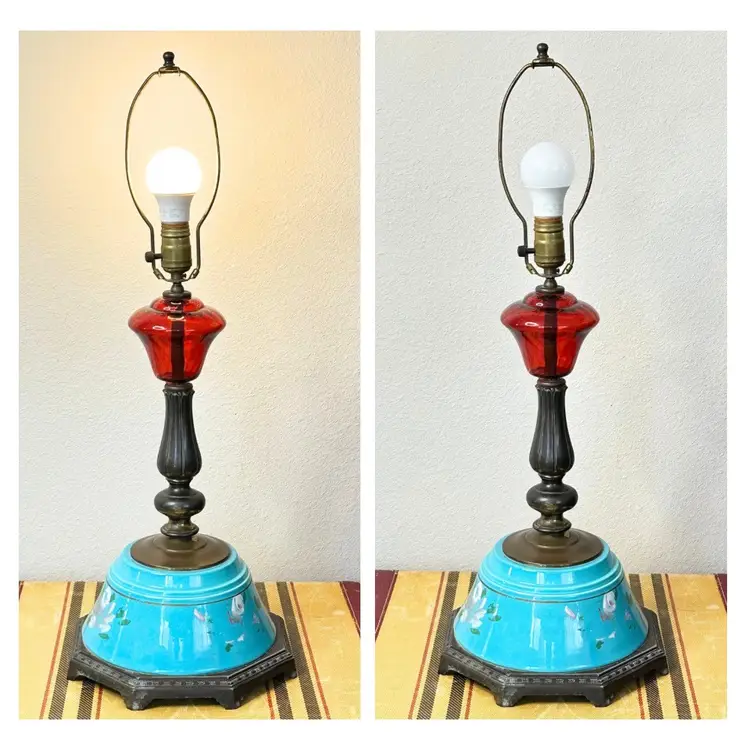 1880s Antique Opaline Blue & Red Glass Electric Lamp Converted From Oil Works