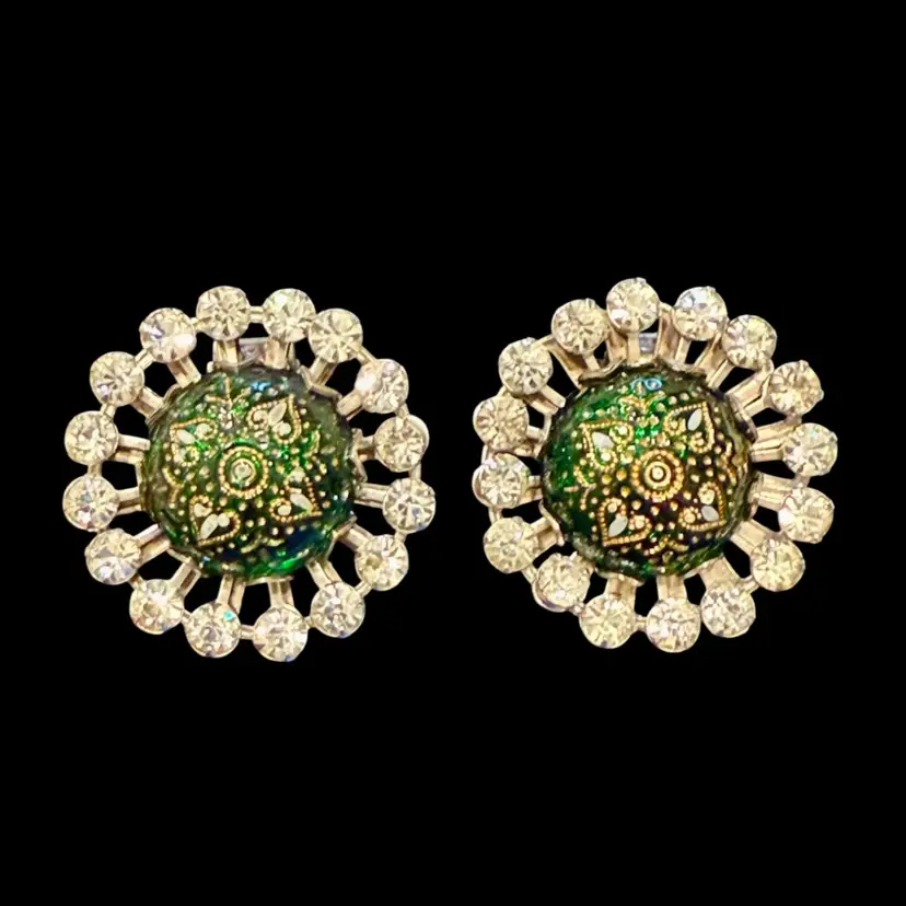 Rare Vintage MCM Runway Domed Green Intaglio Gold & White Prong Set Clear Rhinestone Clip Earrings 1.5”