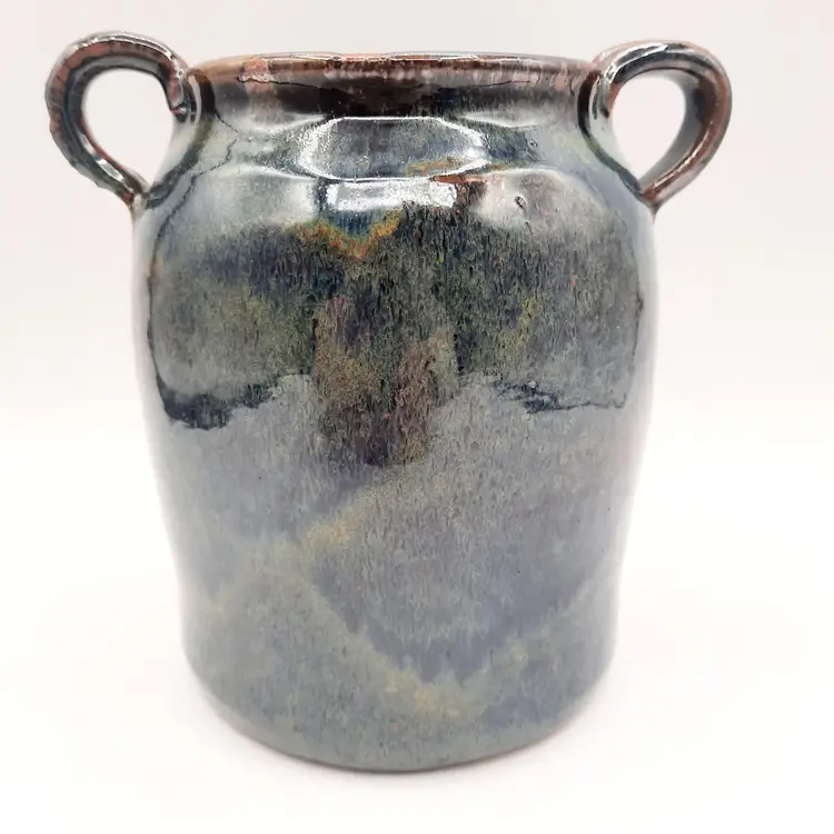 Art Pottery Glazed Blue Green Handled Crock Signed