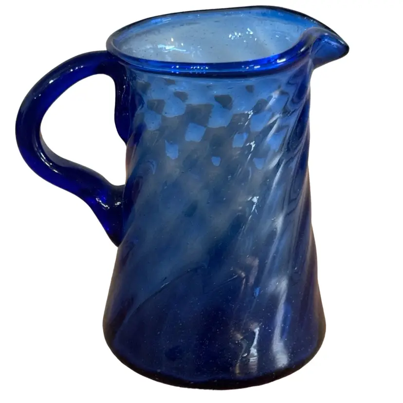 Vintage Hand Blown Art Glass Blue Spiral Optic Miniature Pitcher Jug 4”