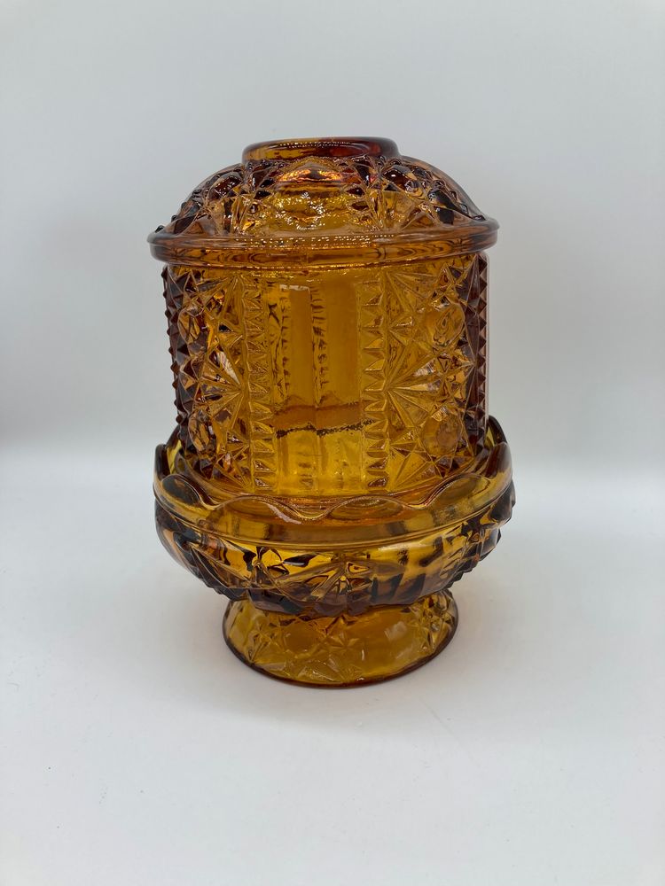 Vintage INDIANA GLASS Fairy Lamp Amber Stars and Bars Candle Holder 6-1/2"X5"