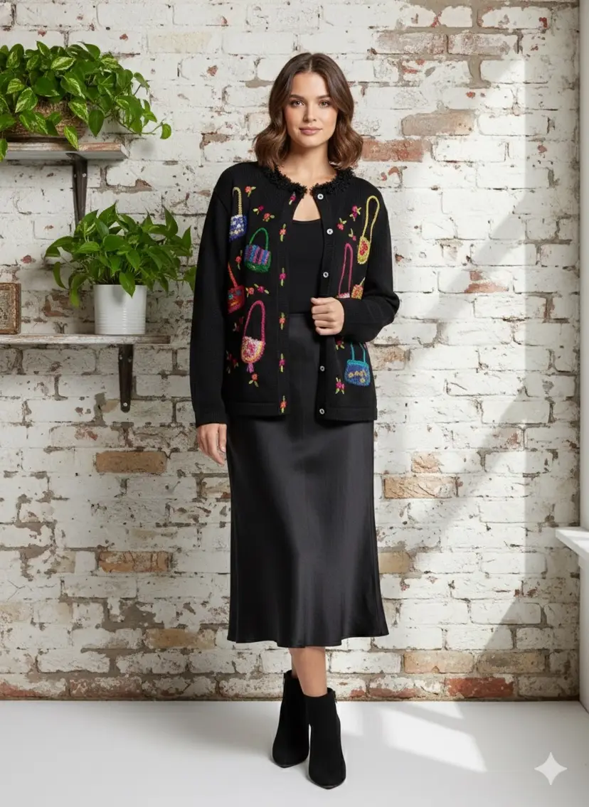 Jack B Quick Purse Cardigan Petite Large Button Sweater Sequins Fabric Embroider