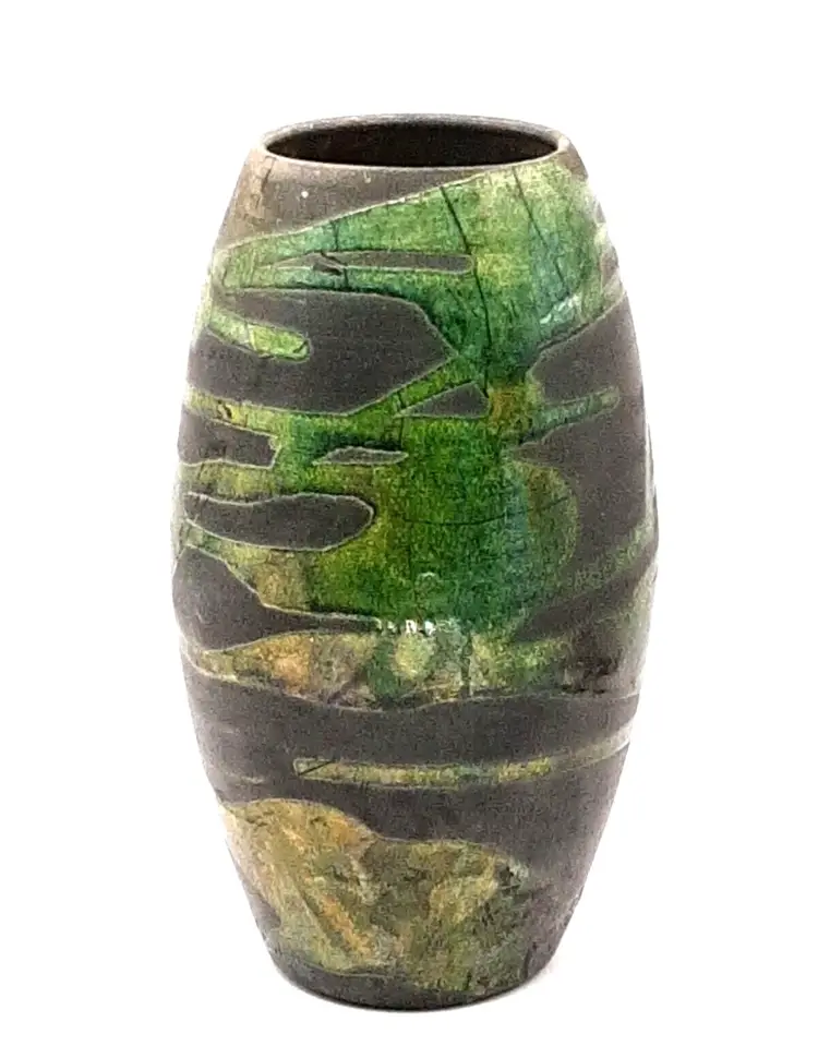 RAKU Pottery Vase Signed Ron Andress Bucks County PA Black And Green