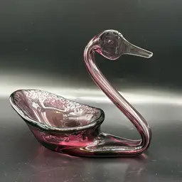 Art Glass Amethyst Glass Swan Trinket/Candy Dish