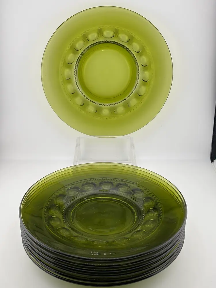 7 Indiana Glass Green King's Crown 8.25” Salad Dishes