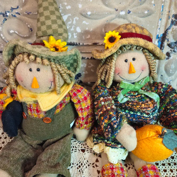 Adorable Pair of Autumn Girl & Boy w/ Curly Hair Holding a Pumpkin Shelf Sitters