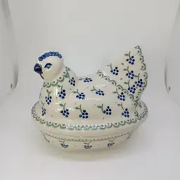 Vintage Boleslawiec Polish Pottery Hen On Nest 7 In Blueberry
