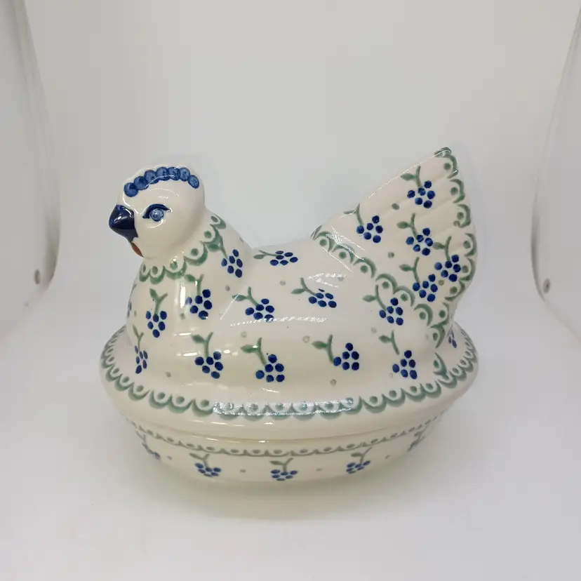 Vintage Boleslawiec Polish Pottery Hen On Nest 7 In Blueberry