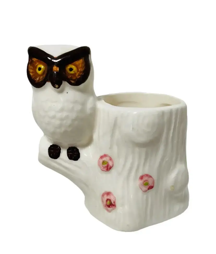 Owl & Log Toothpick Holder White Ceramic Made in Taiwan Vintage3.25"T X 3.25" W  to