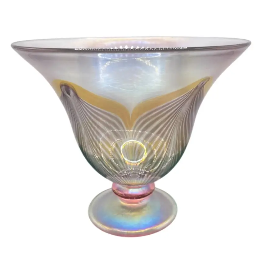 Rick Strini Signed Pulled Feather Luster Hand Blown Art Glass Footed Bowl/ Compote