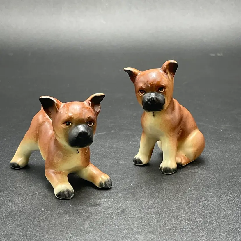 Boxer Dog Puppy Figurines Small Vintage Porcelain Set of 2