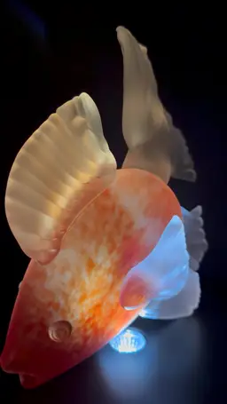 Frosted Art Glass Fish Sculpture By Andrew Shea Spotted Coral/Peach Fish Clear Frosted Glass Fins
10”T x 8-1/2” L x 5” W