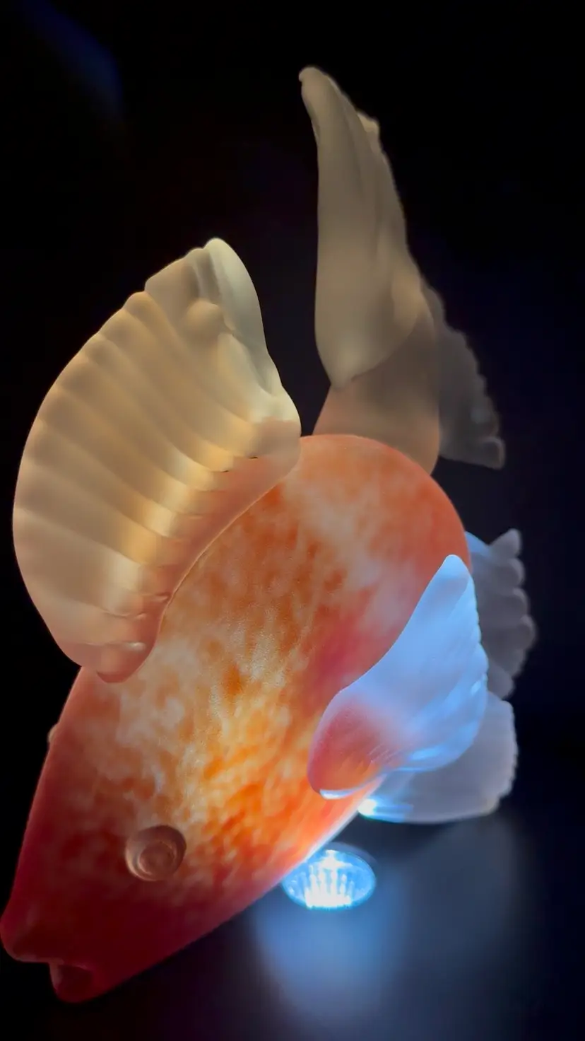 Frosted Art Glass Fish Sculpture By Andrew Shea Spotted Coral/Peach Fish Clear Frosted Glass Fins 
10”T x 8-1/2” L x 5” W