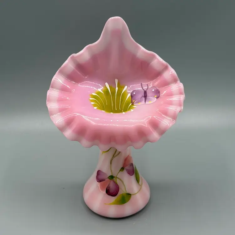 Fenton Rosalene Glass Jack In The Pulpit Vase Painted Butterflies & Flowers Opalescent Optic Swirl