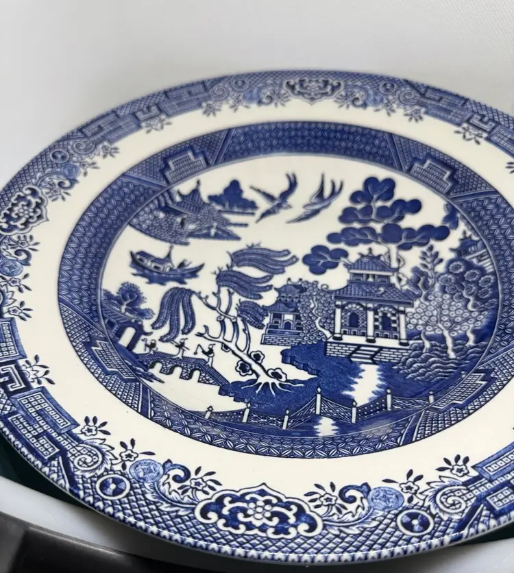 Churchill Vintage Blue Willow 11” Shallow Serving Dish – Cobalt Transferware – Pagoda & Willow Scene