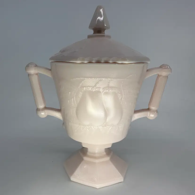 Jeannette Pink Milk Glass Lidded Dish With Pears