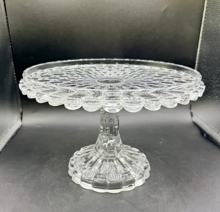 Antique glass cake stand. Circa 1889 Bryce Higbee & Co. cake stand Cut Log Cats Eye Block EAPG