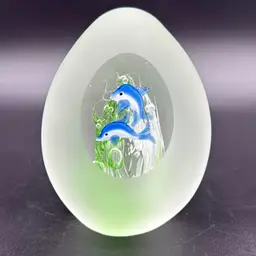 Satin Glass Egg Paperweight Flat Window With 2 Dolphins