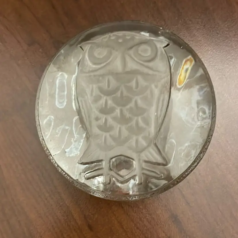 #505 VTG Goebel Clear Glass Owl Flat Round Paperweight Marked