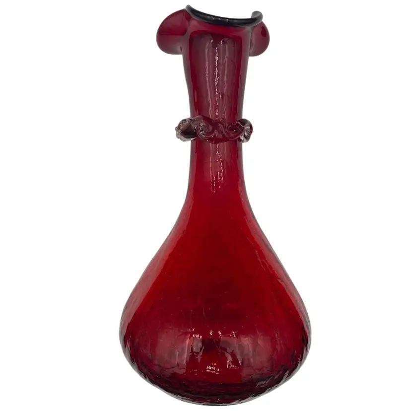 Vtg. Pilgrim Ruby Hand-Blown Crackle Glass Vase, Ruffled, w/Applied Clear Rigaree 'Wave'