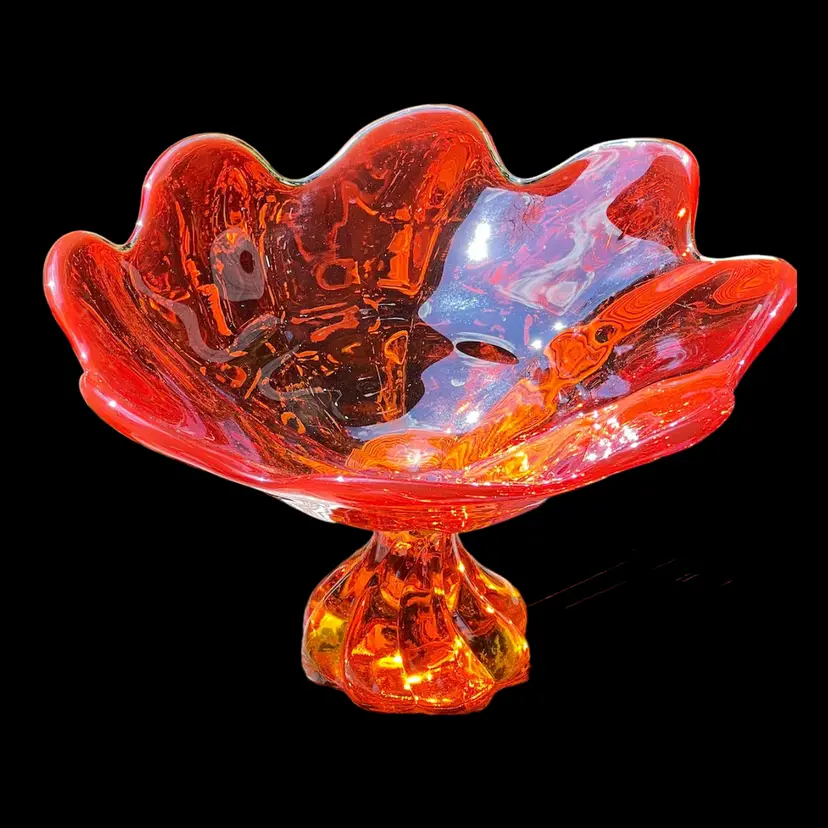 Vintage Viking Persimmon Color Epic Twist Ruffled Bowl Compote. Cadmium Orange Glow. 8-1/2" diameter x 5" tall.