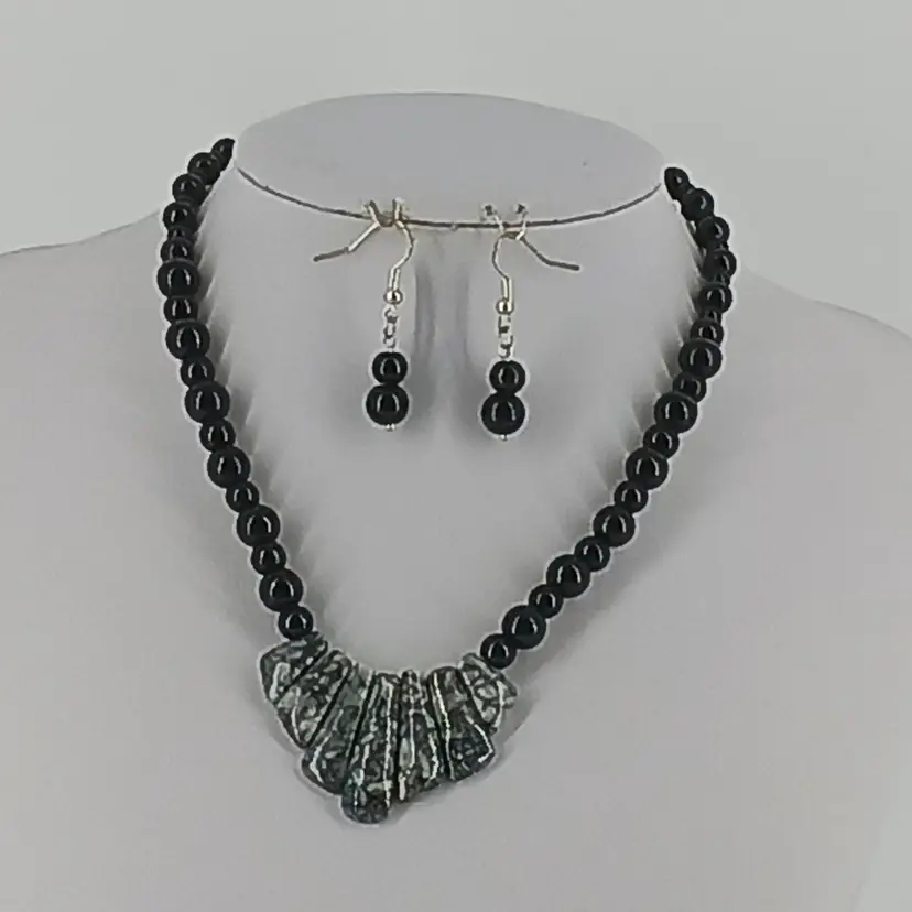 Gemstone Necklace & Earrings Set with Chinese Writing Stones