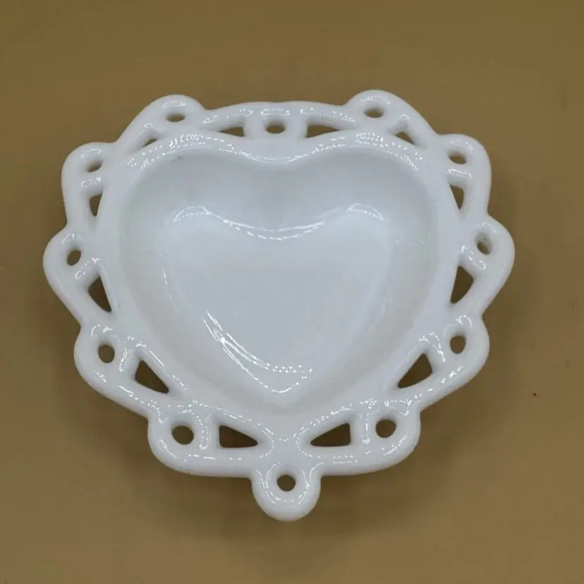 Vintage Imperial Glass White Milk Glass Heart-Shaped Dish With A Lace-Like Edge
