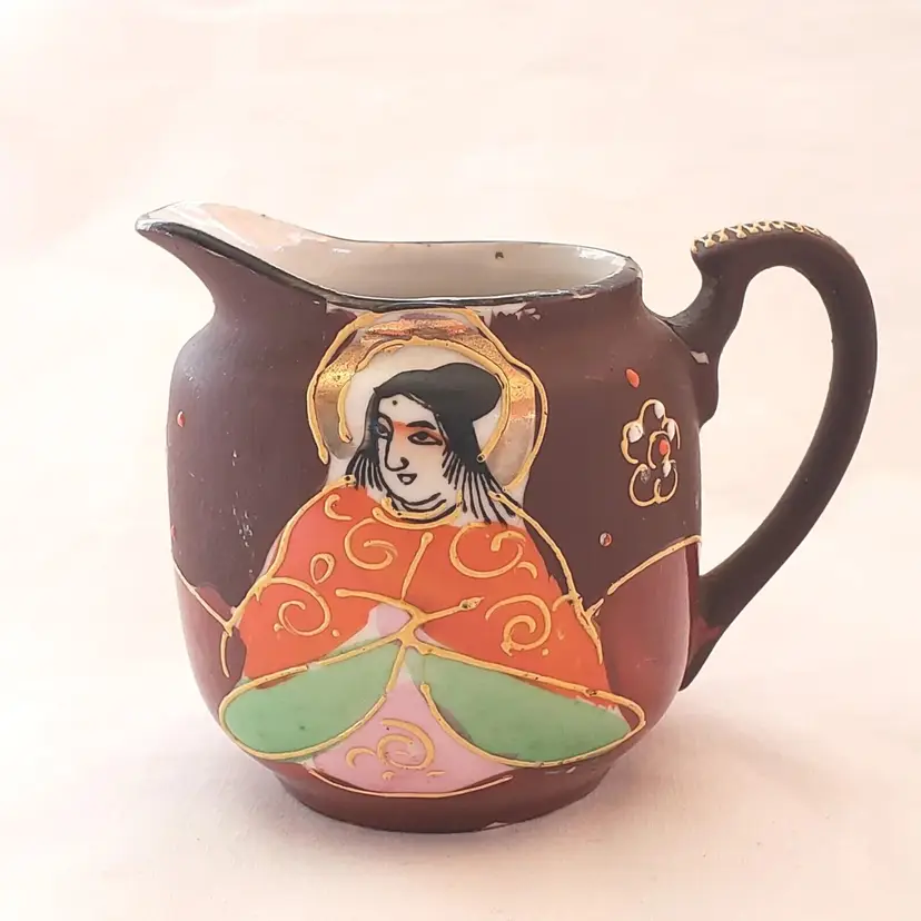 Japan Moriage Creamer Immortals Porcelain Satsuma Style 3" tall Vintage