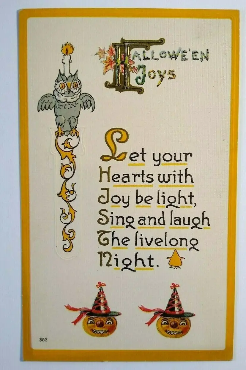 Halloween Fantasy Postcard Owl Candelabra Goblins Original 352 Embossed Unused