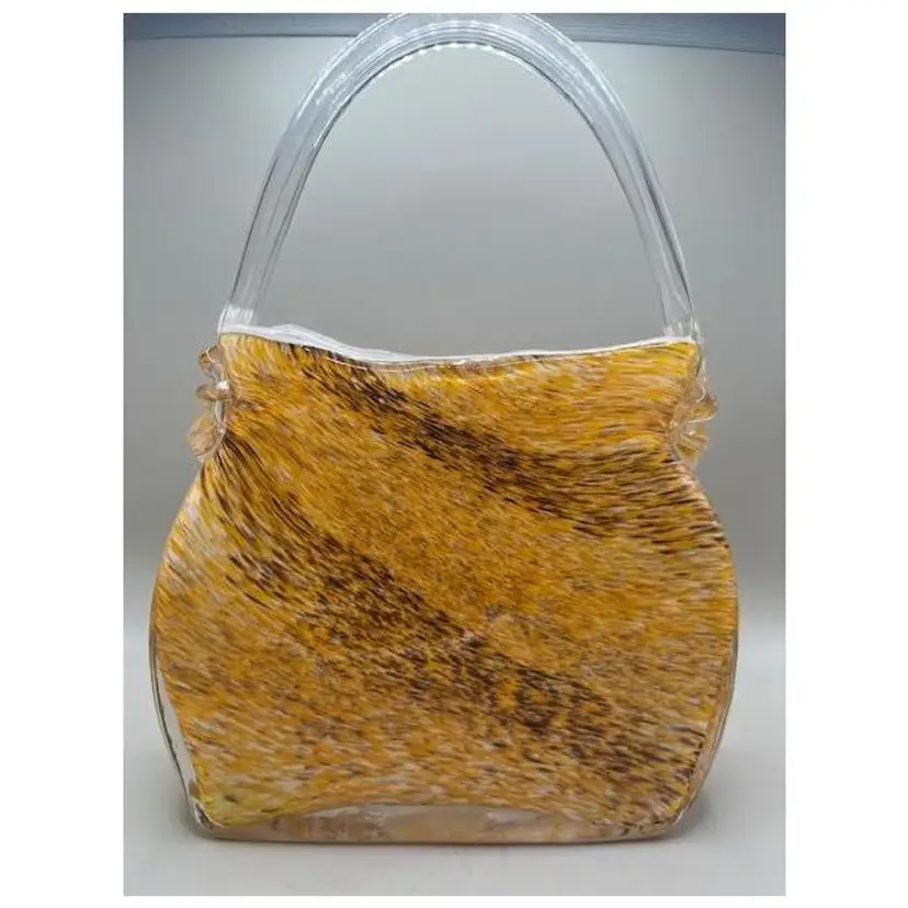Vintage Art Glass Handbag Vase ~ Yellow and Brown Swirls ~ 9.5 inches Tall