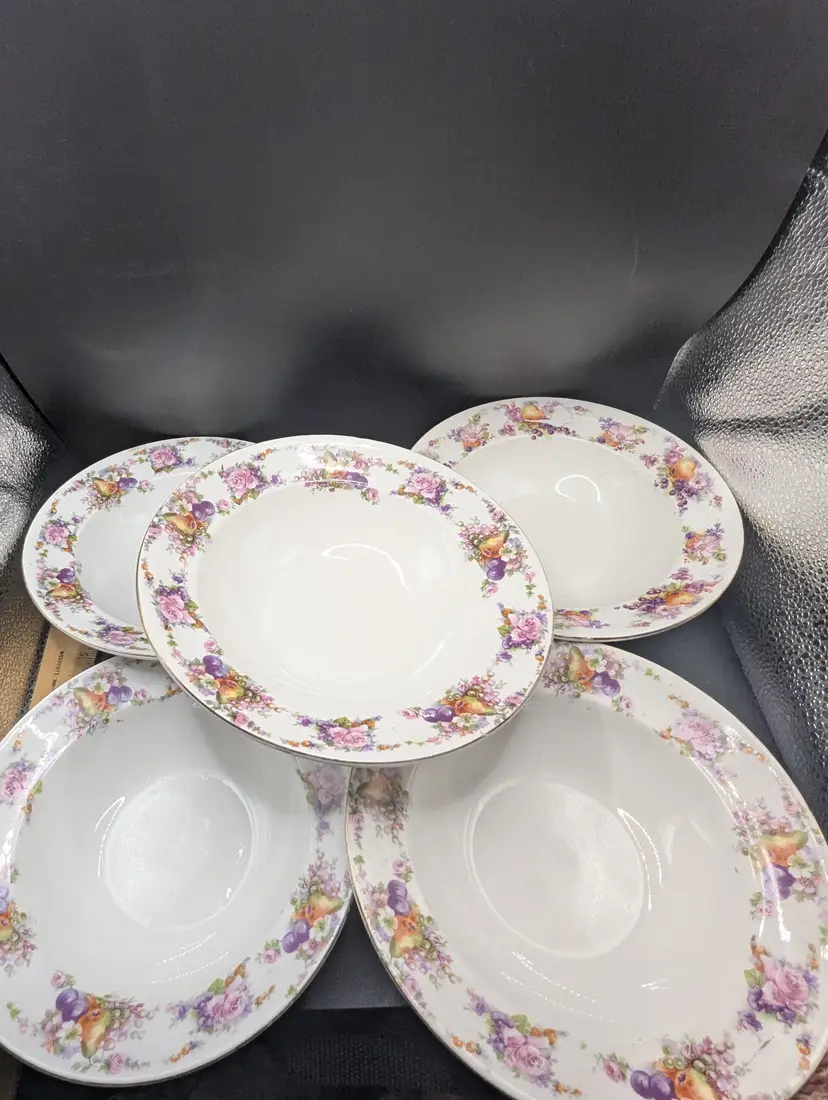 Set of 5 Vintage Limoges China Soup/Cereal Bowls Floral & Fruit Trim